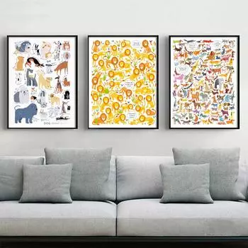 Плакат с изображением льва и собаки, мультяшная настенная живопись на холсте, печать, абстрактное животное, красочная картина для детской комнаты, домашний декор, Cuadros 21x30cm No Framed