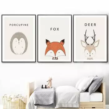 Плакат с изображением маленьких животных, мультяшный дикобраз, лиса, олень, принт на холсте для мальчиков, настенные художественные картины для детской комнаты, скандинавская картина для детской комнаты, Настенный декор 21cm30cm NoFrame