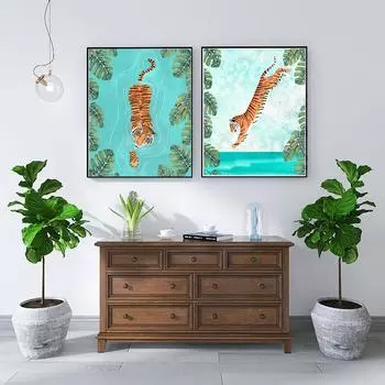 Плакат с изображением плавающих тигров, джунглей, сафари, животных, холст, картина, тропический лес, настенные художественные картины для гостиной, детской комнаты, домашнего декора 21x30cm No Framed белый