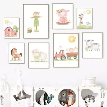 Плакат с изображением сельскохозяйственных животных, пугало, курица, ягненок, лошадь, свинья, гусь, корова, детская настенная живопись, холст, картина, настенная картина, декор для детской спальни A4 21X30cm No Framed