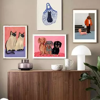 Плакат с котами в сумке, абстрактная настенная живопись на холсте, черный кот, принты, мультяшные три собаки, настенные панно, детский домашний декор 21x30cm No Framed