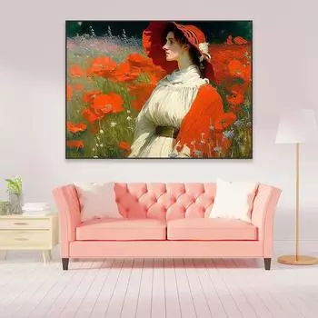 Плакат с красным цветком «Женщина в цветочном поле», картина маслом, принты, белая одетая женщина, картина на холсте, украшение на стену в спальню 21cm30cm NoFrame