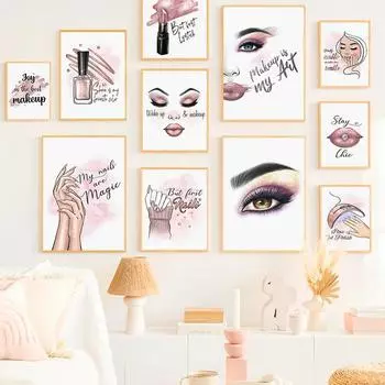 Плакат с макияжем для девушки, брови, ресницы, ногти, помада, маникюр, красота, настенное искусство, картина с изображением холста, черты лица женщины 21x30cm No Framed