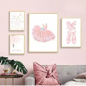 Плакат с мультяшными настенными панно для спальни, декор для детской комнаты, розовое платье, холст с принтом, настенная живопись для детской комнаты, скандинавский постер, живопись, балет для девочек 21cm30cm NoFrame