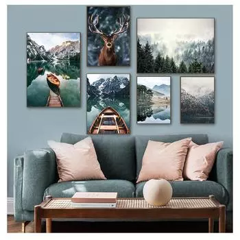 Плакат с оленем, животное, озеро, лодка, рождественские листья, снежные горы, принты, картина, декор для природы, скандинавский снег, пейзаж, лес 21cm30cm NoFrame