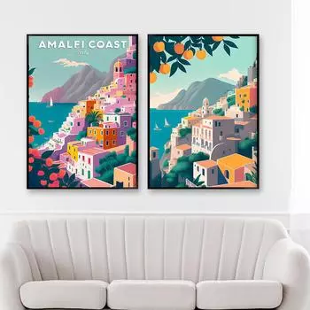 Плакат с побережьем Амальфи, Италия, принт, иллюстрация, Позитано, путешествия, холст, живопись, скандинавский пейзаж, абстрактный холст, Декор 21x30cm No Framed