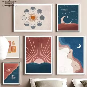 Плакат с предсказанием ведьмы, Луна, Солнце, богиня, настенная живопись на холсте, Таро, скандинавские принты, настенные панно для гостиной, декор в стиле бохо 21*30cm