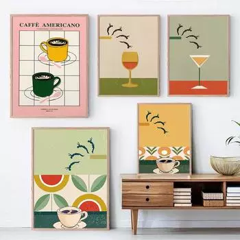 Плакат с принтом кофе, напиток, дайвинг, современный кухонный декор, ретро коктейль, поп-арт, выставка, иллюстрация, фрески для любителей кофе и вина 21x30cm No Framed