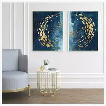 Плакат с принтом, роскошное настенное искусство для гостиной, проход, золотые картины, картина, абстрактная Золотая рыбка, китайская картина на холсте, большой синий 20x30cm No Frame ярко-синий