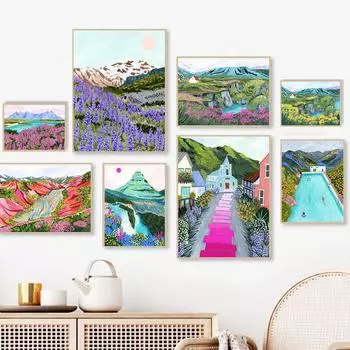 Плакат с путешествием по Исландии, картина на холсте, красочный пейзаж высокогорья, долина горячих источников, настенная живопись для гостиной, домашнего декора 21x30cm No Framed белый