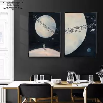 Плакат с Сатурном и Луной, космическая Вселенная, планета, астронавт, холст, картина, мультяшные настенные художественные фотографии для детской комнаты, современный домашний декор 21*30cm