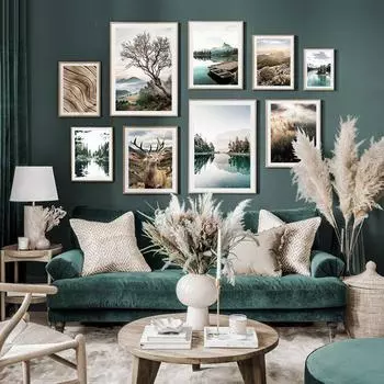 Плакат с скандинавским принтом, осень, утро, восход, холст, картина, скандинавское озеро, дерево, олень, природа, пейзаж, художественные настенные панно, декор A4 21x30cm No Frame