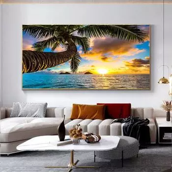 Плакат с тропическим пляжем, силуэт пальмы, закат, холст, картина, постер и печать, настенное художественное изображение для дома 21cm30cm NoFrame