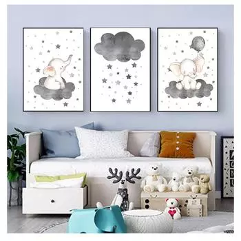 Плакат с животными для детской комнаты, художественный принт, настенная картина, холст, картина, скандинавский детский декор для детской спальни, мультяшный слон, воздушный шар, облако 21cm30cm NoFrame