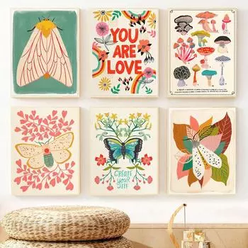 Плакат с животными и насекомыми, бабочка, цветок, гриб, холст, картина, детская комната, детский сад, настенное искусство, эстетическая картина для домашнего декора 21x30cm No Framed
