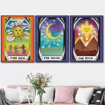 Плакат скандинавского абстрактного искусства. Три картины Таро маслом с изображением Солнца, Луны и звезд. 21cm30cm NoFrame