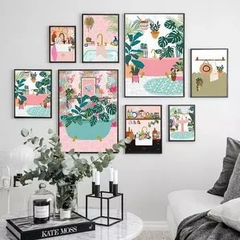 Плакат в стиле бохо, ботаническая ванная комната, кухонная раковина, холст, картина, тропические комнатные растения, художественный принт, скандинавская настенная картина для домашнего декора, без рамки 21*30cm