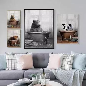 Плакаты и картины на скандинавскую тему для ванной комнаты, медведь, як, альпака, корова, слон, душ, ванна, животное, настенное искусство, принт на холсте, туалет, домашний декор 21x30cm No Framed