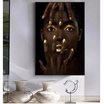 Плакаты и принты, настенная живопись на холсте, темнокожая девушка с золотым макияжем, портретная художественная картина для гостиной, домашний декор 21*30cm