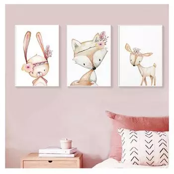 Плакаты и принты, настенная живопись с животными, холст, картина, настенная картина для маленьких девочек и мальчиков, декор для детской комнаты, кролик, лиса, олень, детская, скандинавские 21cm30cm NoFrame