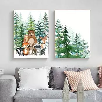 Плакаты и принты с пейзажами лесных животных, лиса, олень, медведь, настенная живопись, скандинавская детская комната, украшение, плакаты на стене 21X30cm No Frame