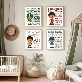 Плакаты и принты со стихами из Библии Афроамериканский спорт Христианское настенное искусство Картина на холсте Детские картины для декора детской комнаты 21x30cm No Framed белый