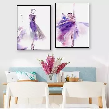 Плакаты на скандинавскую тему и принты, домашний декор, настенная живопись, безрамная акварель, фиолетовая балерина, холст, картина для девушки, комната, искусство Cuadros 21X30cm No Frame