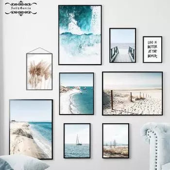 Плакаты на скандинавскую тему и принты, океанские пейзажи, тростниковый пляж, парусная лодка, цитата, пейзаж, холст, живопись, настенные панно для декора гостиной 21*30cm