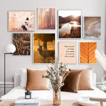 Плакаты на скандинавскую тему и принты, осенние листья, лес, озеро с оленями, водопад, тростник, настенная живопись на холсте, картины для декора гостиной A4 21x30cm No Frame