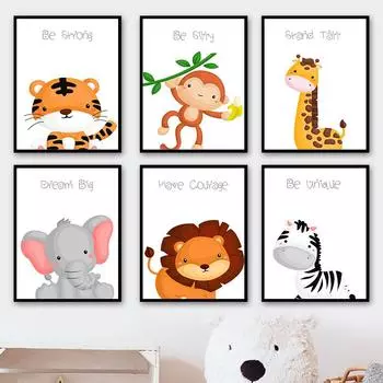 Плакаты на скандинавскую тему и принты, слон, жираф, лев, тигр, зебра, обезьяна, настенная живопись на холсте, настенные картины с животными, декор для детской комнаты 21cm30cm NoFrame