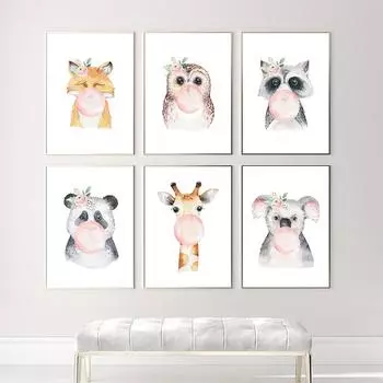 Плакаты на скандинавскую тему и принты, жевательная резинка, животное, лиса, сова, панда, детская настенная живопись на холсте, настенная картина, декор для комнаты для маленьких девочек 21*30cm