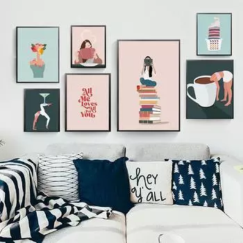 Плакаты на скандинавскую тему, женщина, читающая книгу, кофе, абстрактное настенное искусство, принт, холст, картина, Декор, кошка, стирка, художественные фотографии для гостиной 21*30cm