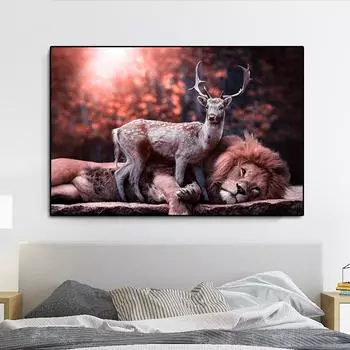 Плакаты с дикой природой Олень и Лев Холст Картина Настенный художественный постер Изготовление эстампов 21cm30cm NoFrame