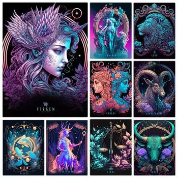 Плакаты с двенадцатью созвездиями, настенные художественные принты на холсте, фэнтези, астрология, гороскоп, картины на удачу, картины для гостиной, домашнего декора 21x30cm No Framed белый