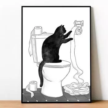 Плакаты с изображением черного кота и животного для туалета, украшение для дома, максималистический принт, подарок для любителей кошек, фото для ванной комнаты, домашний декор 21x30cm No Framed белый