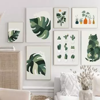 Плакаты с изображением скандинавских животных и печатные картины на холсте, стены с кошками и зелеными растениями, картины с художественными растениями, детская комната 21cm30cm NoFrame