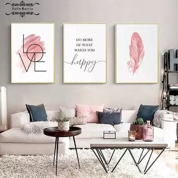 Плакаты с розовыми перьями в скандинавском стиле и принты, постер с любовью, простая декоративная картина для комнаты для девочек, холст, картина для гостиной 21*30cm