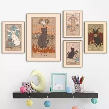 Плакаты с созвездиями и принты, Весы, Лев, Рыбы, Телец, кошка, настенная живопись на холсте, скандинавская детская спальня, украшение для дома, картина 21cm30cm NoFrame