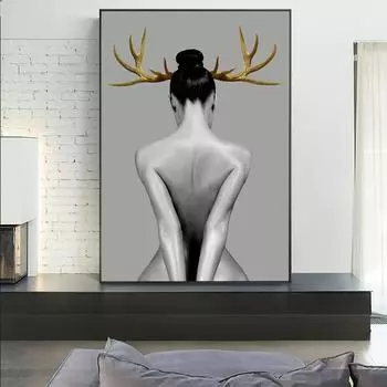 Плакаты с женщинами и рогами золотого оленя, напечатанные на холсте, стена гостиной, украшение дома в стиле поп-арт 21cm30cm NoFrame
