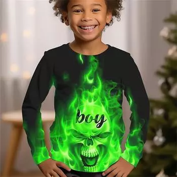 Пламя Череп Длинный рукав Хэллоуин Одежда Дети Мальчики Повседневные футболки Девочки 3D Графические футболки Модная Осенняя футболка для детей 170