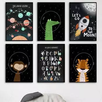 Планета Ракета Алфавит Тигр Обезьяна Настенная картина на холсте Плакаты на скандинавскую тему и принты Мультяшные настенные панно для декора детской комнаты 21cm30cm NoFrame