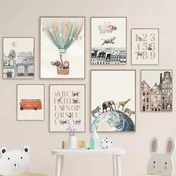 Планета слон Лев Жираф воздушный шар настенная живопись на холсте плакаты на скандинавскую тему и принты настенная картина для декора детской комнаты A4 21X30cm No Framed