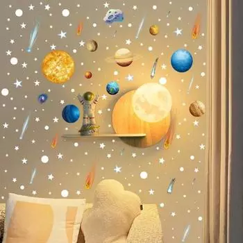 планета стикер стены светится в темноте клей водонепроницаемый ПВХ съемный гостиная детская спальня светящаяся солнечная система Метеор звезда украшение 4pcs