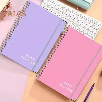 Планировщик на английском языке 2024-2025 гг. Водонепроницаемая обложка с металлическими краями Блокнот с отрывными листами Дизайн на катушке Ежемесячно-еженедельные страницы Ежедневный органайзер для расписания A5 розовый