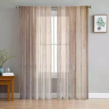 Планки Потертый ретро дерево коричневый прозрачные шторы гостиная окна тюль шторы для спальни кухня украшение дома вуаль шторы W135 x H115cm x1&Rod Pocket