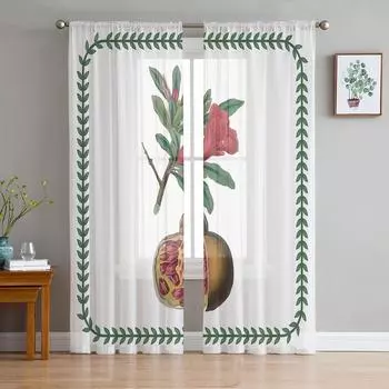 Plant Flower Leaf Fruit Pomegranate Tulle Curtain Voile Transparent Tulle for Bedroom Living Room Kitchen Sheer Window Curtains W135 x H114cm