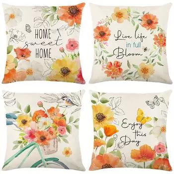 Plant Flower Pillow Cover Linen Print Living Room Sofa Cushion Cover Bedroom Pillow Cover 45*45cm JYM281-1