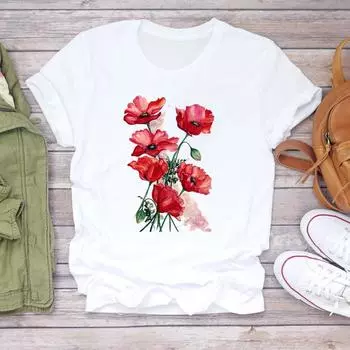 Футболка с коротким рукавом с изображением растений и цветов, модная футболка с цветочным принтом, весенняя одежда, повседневная женская летняя женская футболка с графическим принтом XS