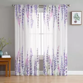 Plant Purple Lavender Watercolor Flower Sheer Curtains for Living Room Modern Voile Curtain Bedroom Tulle Curtains Window Drapes W135 x H114cm