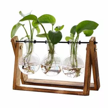 Plant Terrarium with 3 Bulb Vase & Wooden Stand, Metal Swivel Holder Retro Tabletop for Indoor Plants, Plant Lover Gifts